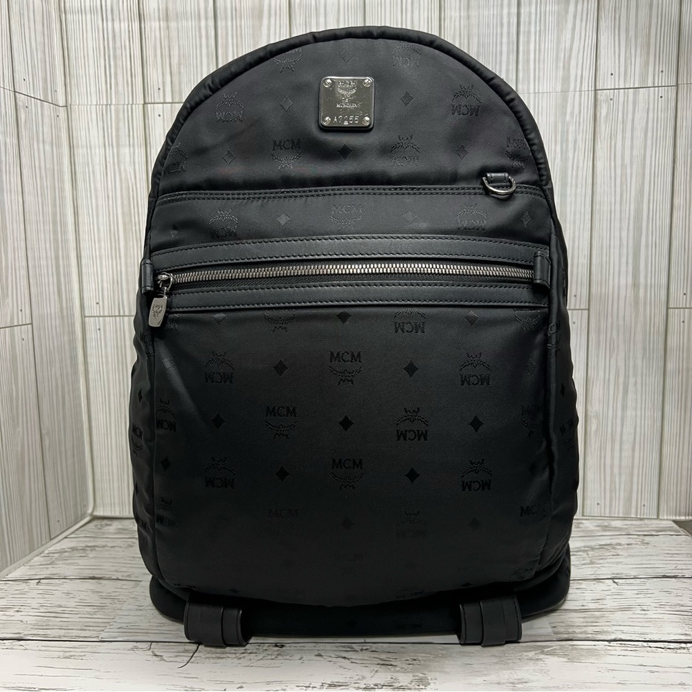 MCM Stark Backpack Black Nylon Logo Print Medium Unisex Designer Travel Bag - Picture 2 of 16